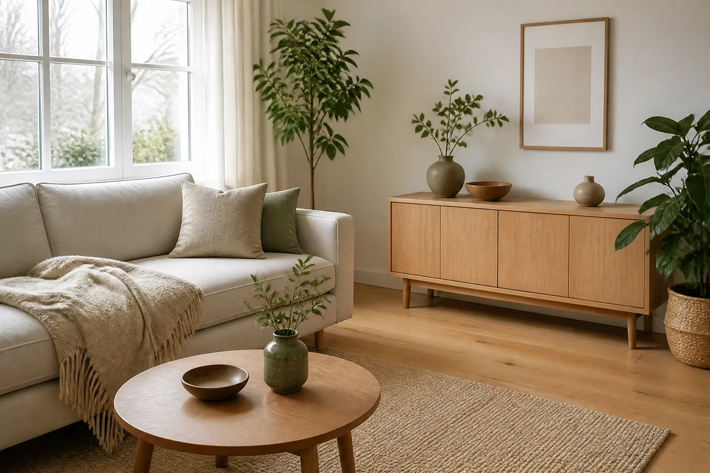 A bright, tidy living room with a wooden floor, a pale sofa with a wool throw and green plants