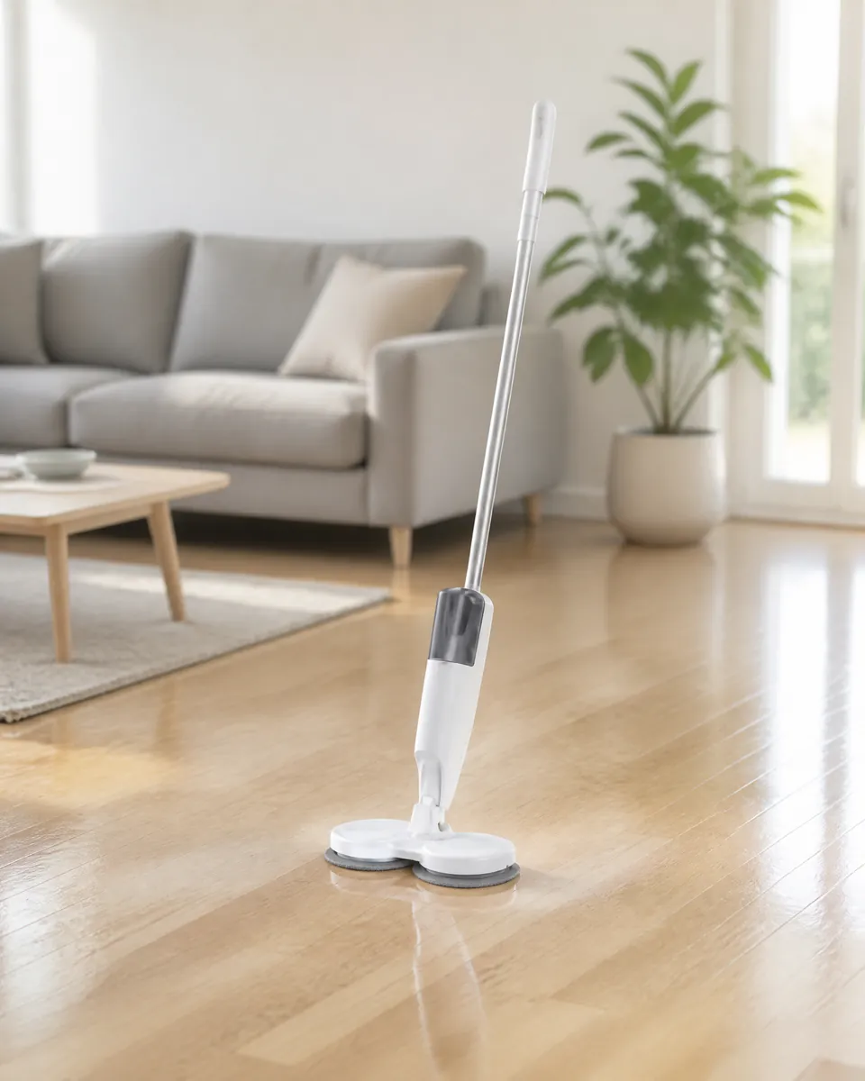 The cordless spin mop standing on a freshly mopped oak floor in a bright living room