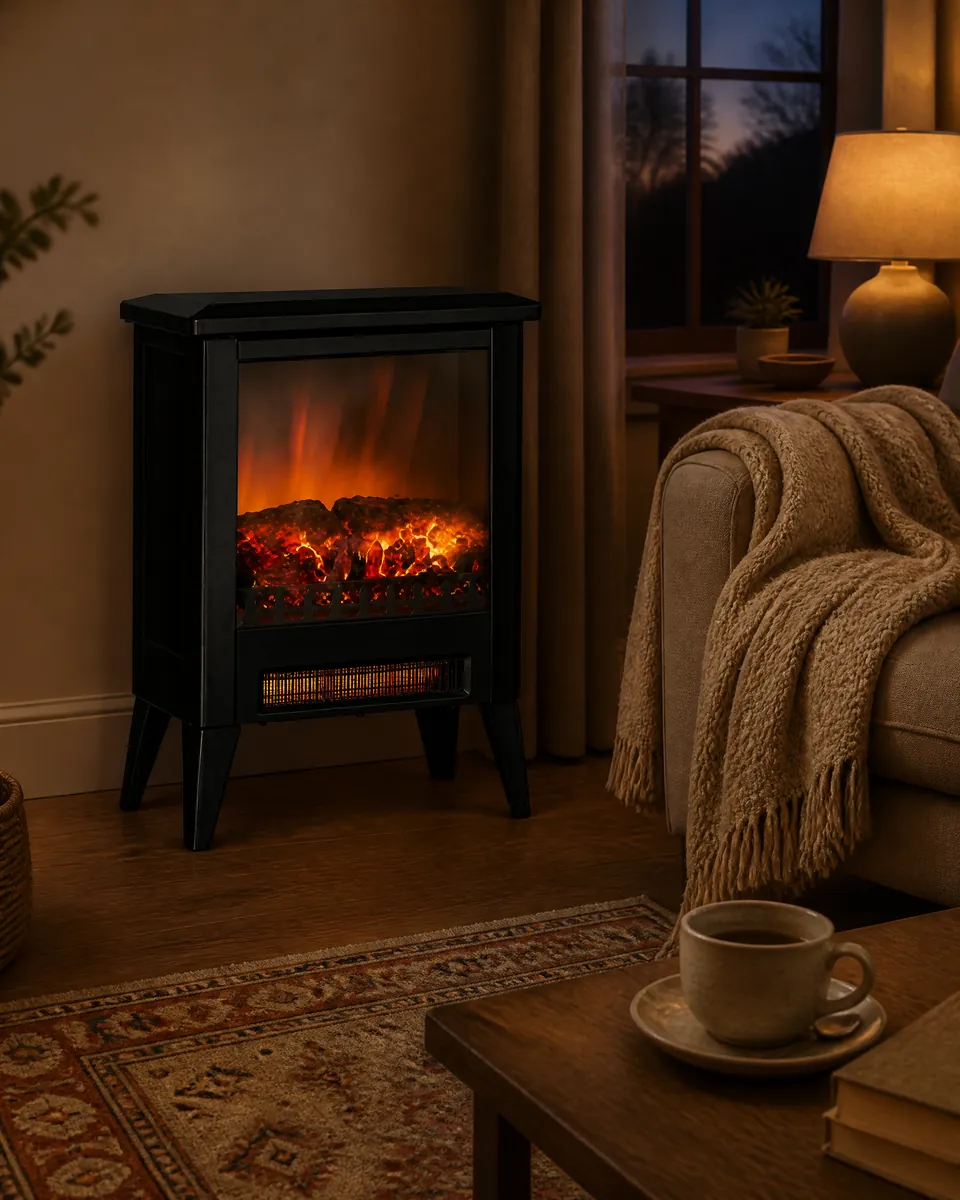 The electric fireplace heater glowing beside an armchair with a wool throw in a living room at dusk