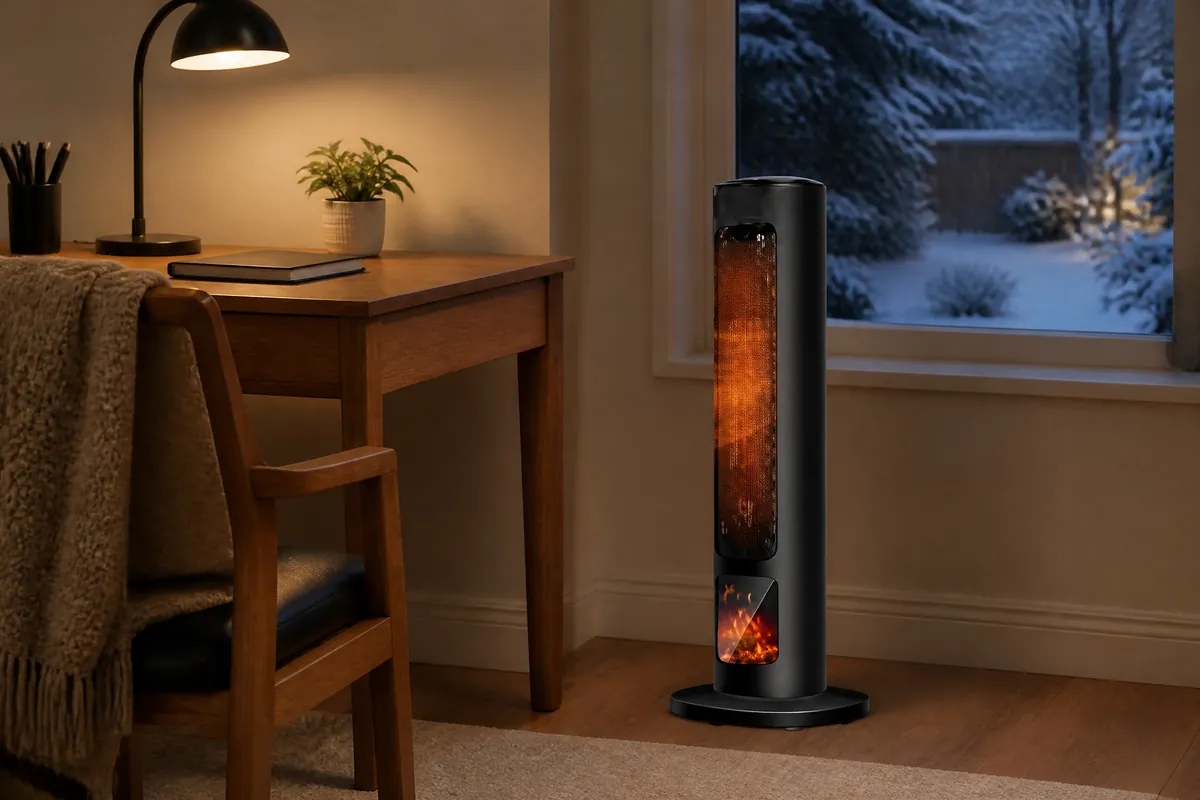 The tower heater beside a desk in a small home office on a snowy winter evening
