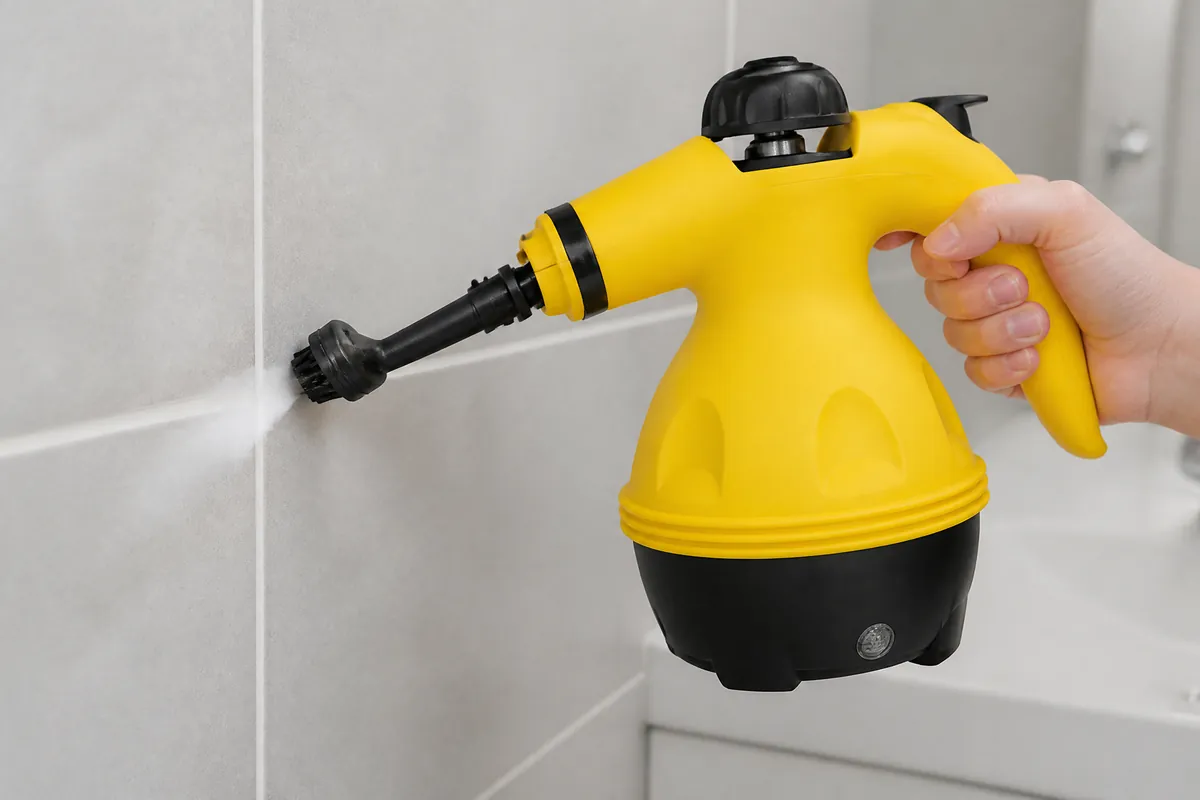 A hand holding the yellow steam cleaner, its brush nozzle steaming the grout between bathroom tiles